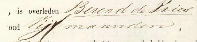Citaal uit de overlijdensakte van Berende de Vries, overleden 26 juli 1857, oud 5 maanden 